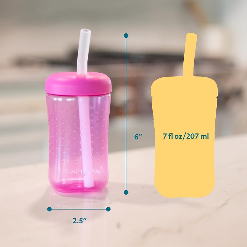 the FIRST years Squeeze & Sip Toddler Straw Cups - Squeezable Transition Sippy Cup with Silicone Straw - Toddler Feeding Supplies - Yellow/Pink/Orange - 7 Oz - 3 Count - Ages 6 Months and Up - Image 5